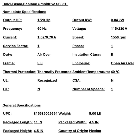 D351, Fasco, 1/20 Hp,1550 Rpm,115/230V,OAO,refrigetion motor, SS351, - RÉFRIGERATION MOTORS - E-Motor Nations - electric motors - [product_tags]- motor electric - moteur électrique - moteurs - drive - replacement - venmar - hvac - méchoui - capacitor - condensateur - fan