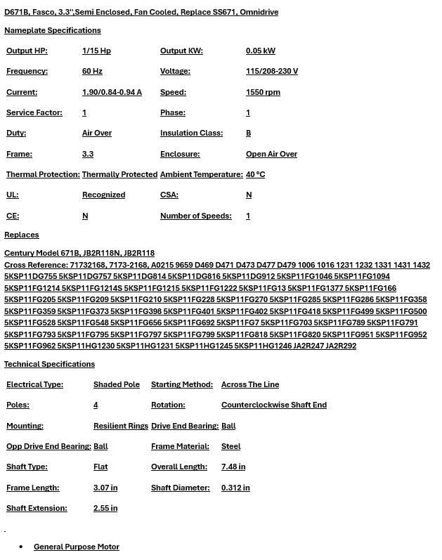 D671B,Fasco,1/15 Hp, 1550 Rpm,115/208-230V,Refrigeration Motor, 3.3'', -  - FASCO - electric motors - [product_tags]- motor electric - moteur électrique - moteurs - drive - replacement - venmar - hvac - méchoui - capacitor - condensateur - fan