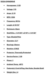 SS324, OMNIDRIVE, 1/25 HP, 1550 RPM, 115VOLTS, DOUBLE SHAFT, 2.10 AMPS, - HVAC ELECTRIC MOTOR - OMNIDRIVE - electric motors - [product_tags]- motor electric - moteur électrique - moteurs - drive - replacement - venmar - hvac - méchoui - capacitor - condensateur - fan