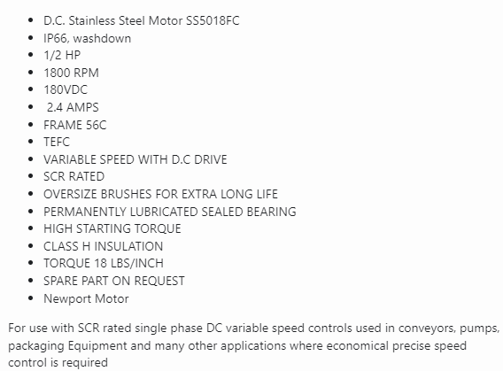 D.C. Stainless Steel Motor SS5018FC, 1/2 HP, 1800 RPM, 180VDC, FRAME 56C, TEFC - DC MOTORS - E-Motor Nations - electric motors - [product_tags]- motor electric - moteur électrique - moteurs - drive - replacement - venmar - hvac - méchoui - capacitor - condensateur - fan