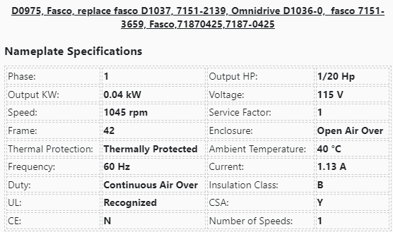 D0975, Fasco, 1/20Hp,1050 Rpm,115V,fr:42,7151-2139,D1036-0, 7151-3659, - HVAC ELECTRIC MOTOR - E-Motor Nations - electric motors - [product_tags]- motor electric - moteur électrique - moteurs - drive - replacement - venmar - hvac - méchoui - capacitor - condensateur - fan