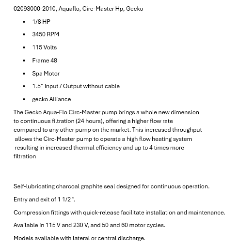 02093000-2010, Gecko, CMHP, 1/8 HP, 115V, 1.5'' in/out, Aquaflo, Circ-master HP - SPA MOTOR PUMP - E-Motor Nations - electric motors - [product_tags]- motor electric - moteur électrique - moteurs - drive - replacement - venmar - hvac - méchoui - capacitor - condensateur - fan
