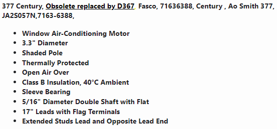 377 Century,1/10-1/15-1/30,1550/3 Spd, 120V,OAO, JA2S057N,D367 Fasco, - Electrical Motors - FASCO - electric motors - [product_tags]- motor electric - moteur électrique - moteurs - drive - replacement - venmar - hvac - méchoui - capacitor - condensateur - fan