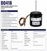 D0418, 1/15 Hp, 3000 RPM, 115/230 V, 1 Ph, 60 Hz, TEFC, Frame 3.3‑in