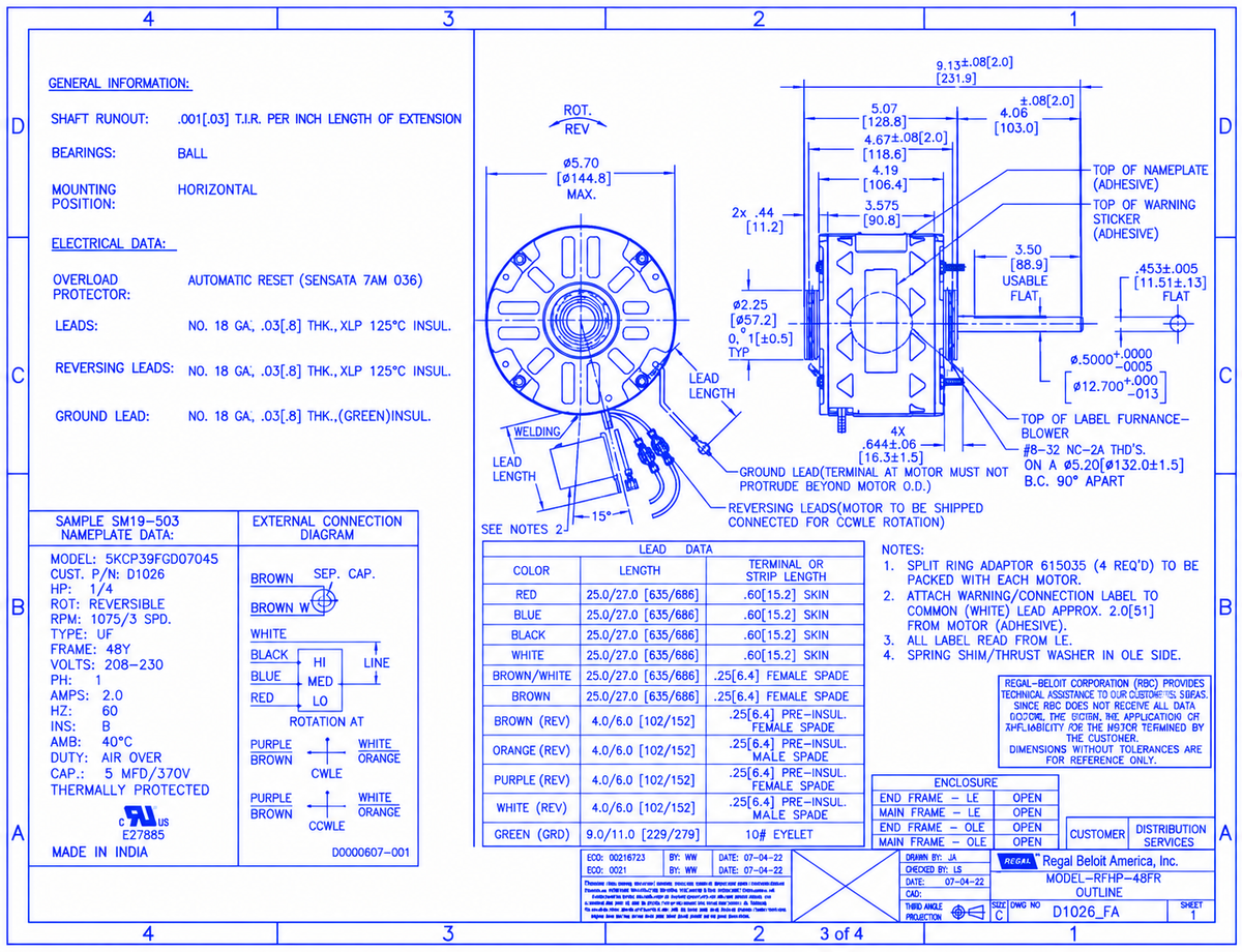 D1026, 1/4Hp, 1075 RPM, 208‑230 V, 1‑Phase, 60 Hz, Open Air‑Over, Frame 48