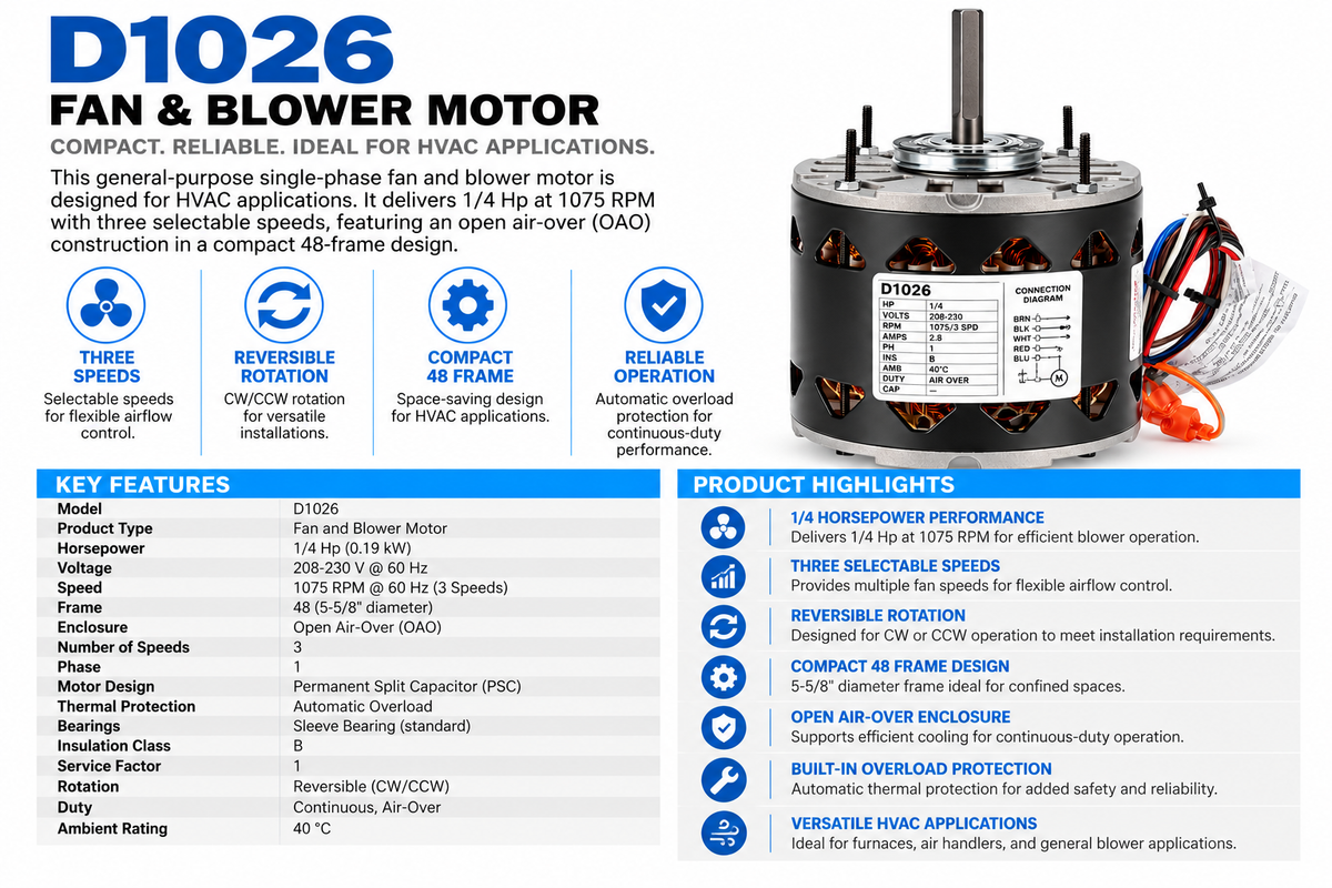 D1026, 1/4Hp, 1075 RPM, 208‑230 V, 1‑Phase, 60 Hz, Open Air‑Over, Frame 48