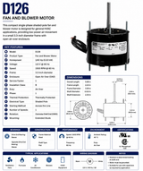 D126, 0.025 Hp, 1500 RPM, 115 V, 1 Ph, 60 Hz, Open Air Over (OAO), Frame 3.3