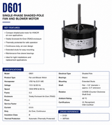D601, 1/50 Hp, 1500 RPM, 115 V, 1 Ph, 60 Hz, TEAO, Frame 3.3