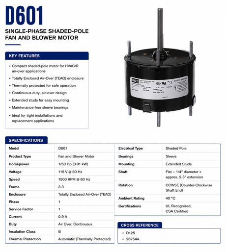 D601, 1/50 Hp, 1500 RPM, 115 V, 1 Ph, 60 Hz, TEAO, Frame 3.3