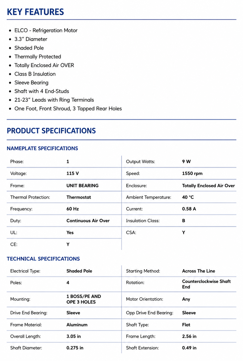 D601, 1/50 Hp, 1500 RPM, 115 V, 1 Ph, 60 Hz, TEAO, Frame 3.3