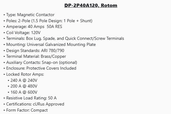 DP-2P40A120, Rotom,Magnetic Contactor, 2 Poles,40 Amps,120V Box lung - ACCESSORIES MOTORS & PARTS - E-Motor Nations - electric motors - [product_tags]- motor electric - moteur électrique - moteurs - drive - replacement - venmar - hvac - méchoui - capacitor - condensateur - fan