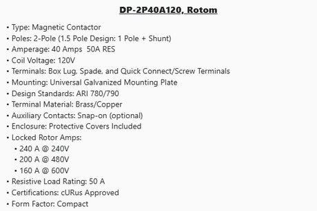 DP-2P40A120, Rotom,Magnetic Contactor, 2 Poles,40 Amps,120V Box lung - ACCESSORIES MOTORS & PARTS - E-Motor Nations - electric motors - [product_tags]- motor electric - moteur électrique - moteurs - drive - replacement - venmar - hvac - méchoui - capacitor - condensateur - fan