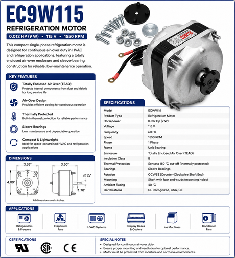EC-9W115, ELCO NET3T09PUN302, 9W, 115 VOLTS , 1550 RPM, 0.58A, HUBLESS