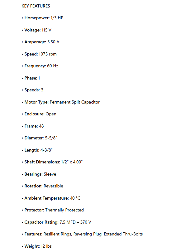 EM3585, Fan and Blower Motor, 1/3Hp, 1 Ph, 60 Hz, 115 V, 1075 RPM, 3 Speed, 48 Frame, OPEN, SS3585 , DD-3585