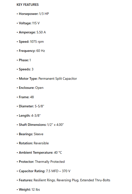 EM3585, Fan and Blower Motor, 1/3Hp, 1 Ph, 60 Hz, 115 V, 1075 RPM, 3 Speed, 48 Frame, OPEN, SS3585 , DD-3585