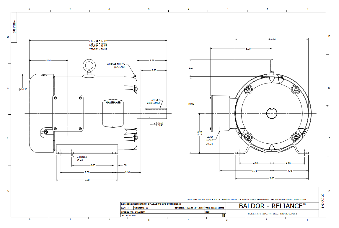 EM3713T‑5, 15 Hp, 3500 RPM, 575 V, 3 Ph, 60 Hz, TEFC, Frame 215T