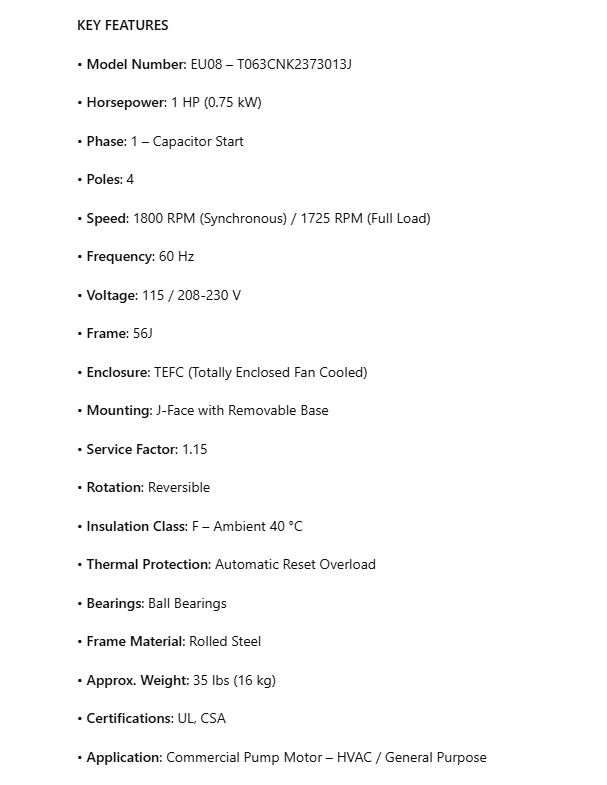 EU08, Commercial Pump Motors, 1Hp, 1725 RPM, 115/208-230V, 1PH, 60Hz, TEFC, Frame 56J, T063CNK2373013J - Electrical Motors - US Motors - Nidec - electric motors - [product_tags]- motor electric - moteur électrique - moteurs - drive - replacement - venmar - hvac - méchoui - capacitor - condensateur - fan
