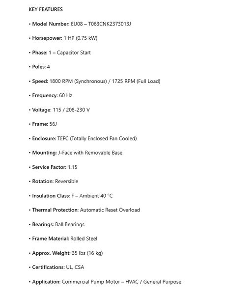 EU08, Commercial Pump Motors, 1Hp, 1725 RPM, 115/208-230V, 1PH, 60Hz, TEFC, Frame 56J, T063CNK2373013J - Electrical Motors - US Motors - Nidec - electric motors - [product_tags]- motor electric - moteur électrique - moteurs - drive - replacement - venmar - hvac - méchoui - capacitor - condensateur - fan