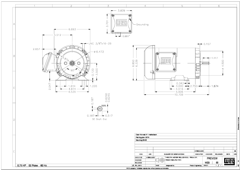 FC.75502W01DOE, 0.75 Hp, 3600 RPM, 575 V, 3 Ph, 60 Hz, TEFC, Frame W56C