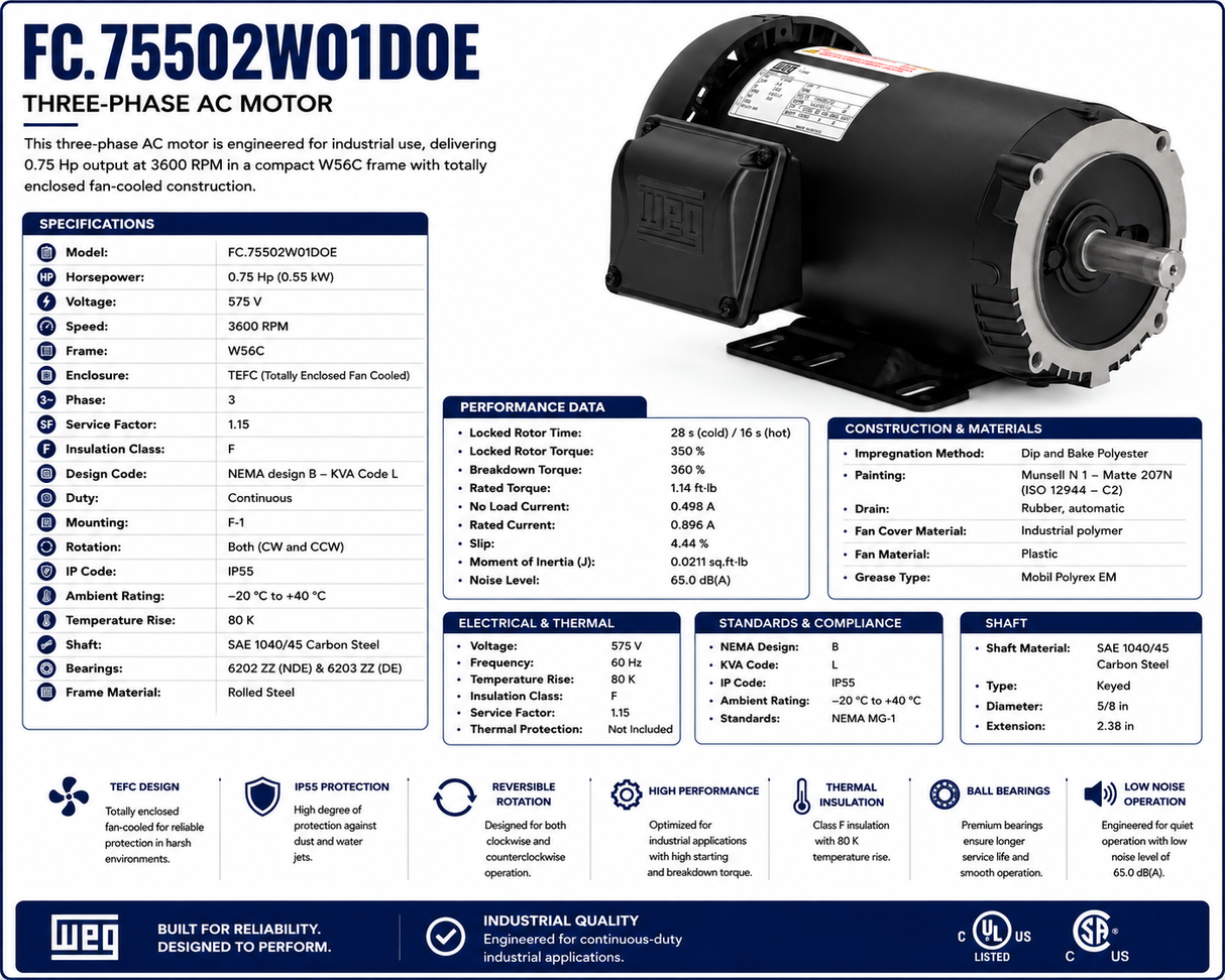 FC.75502W01DOE, 0.75 Hp, 3600 RPM, 575 V, 3 Ph, 60 Hz, TEFC, Frame W56C