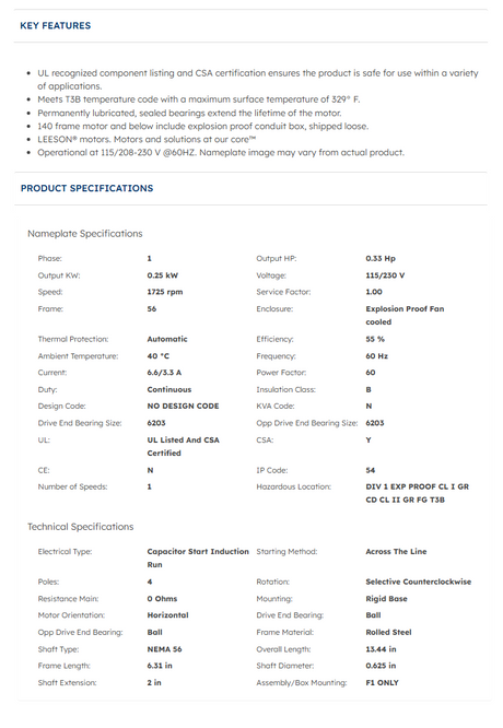 G651, 0.33 HP, 1725 RPM, 115/208‑230 V, 1 Ph, 60 Hz, EPFC, Frame 56, 056C17G5315 - EXPLOSION PROOF MOTORS - LEESON - electric motors - [product_tags]- motor electric - moteur électrique - moteurs - drive - replacement - venmar - hvac - méchoui - capacitor - condensateur - fan