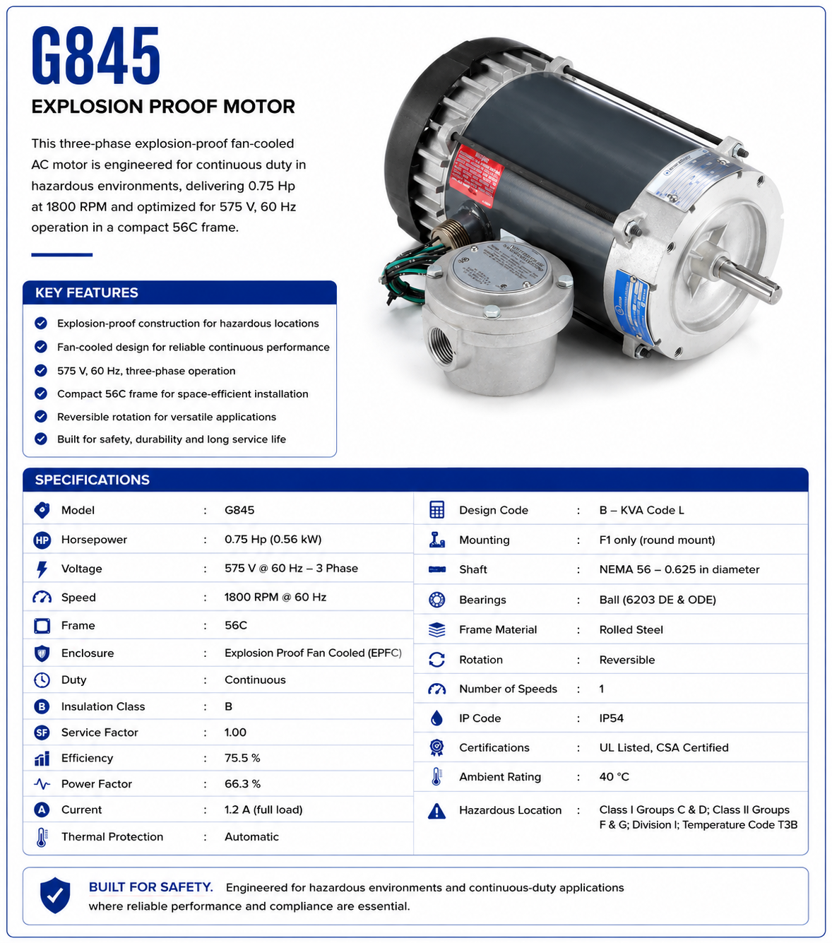 G845, 0.75Hp, 1800 RPM, 575 V, 3Ph, 60 Hz, EPFC, Frame 56C, 056T17G5319