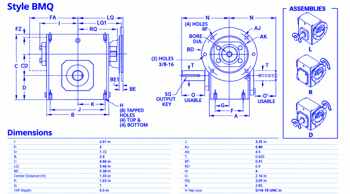 GR8130073.00, 0.285Hp, 1750 RPM, 50:1 Ratio, Right‑Angle Worm Gear Reducer, Cast Iron, GR-BMQ813-50-L-56