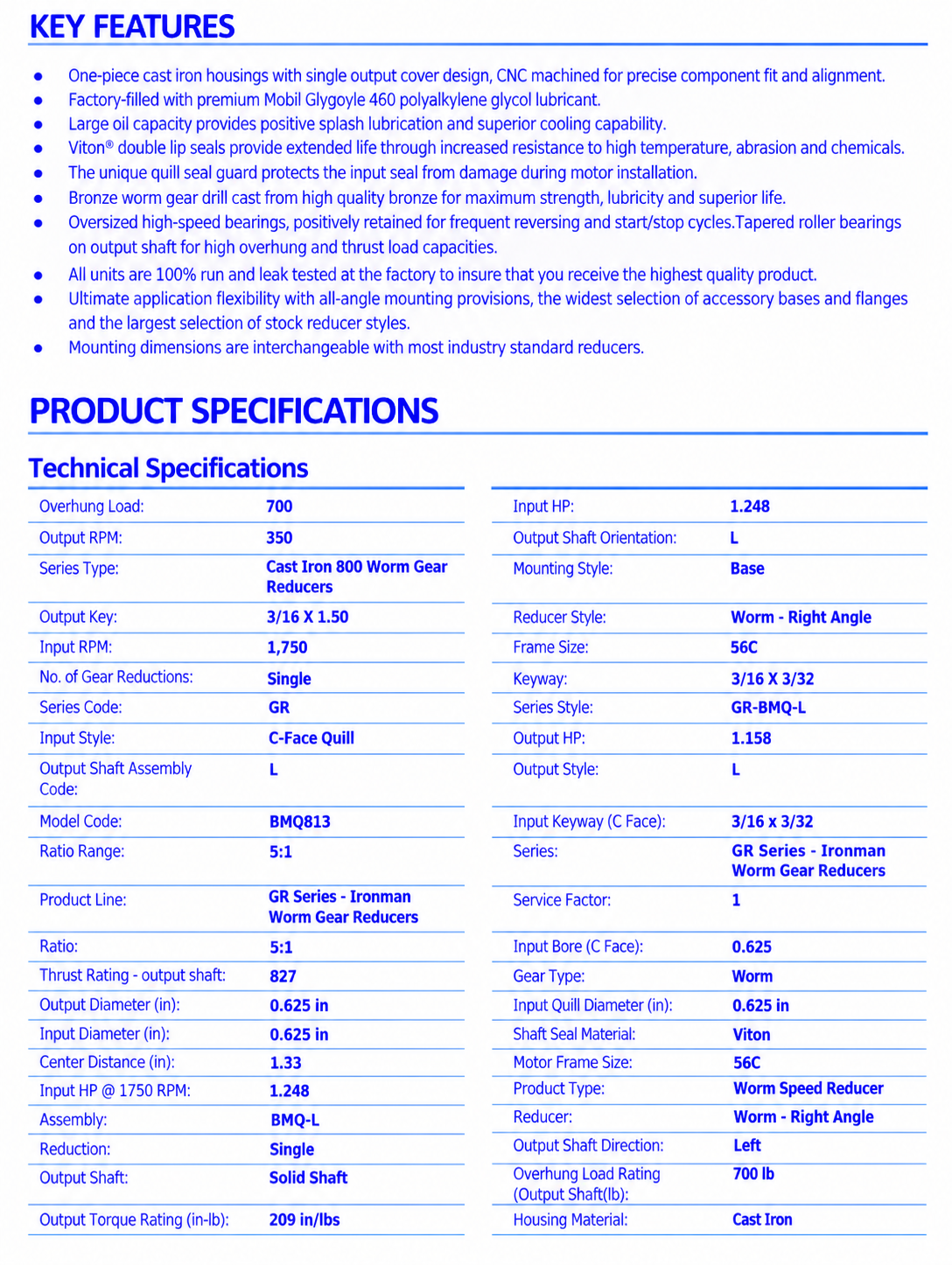 GR8130073.00, 0.285Hp, 1750 RPM, 50:1 Ratio, Right‑Angle Worm Gear Reducer, Cast Iron, GR-BMQ813-50-L-56