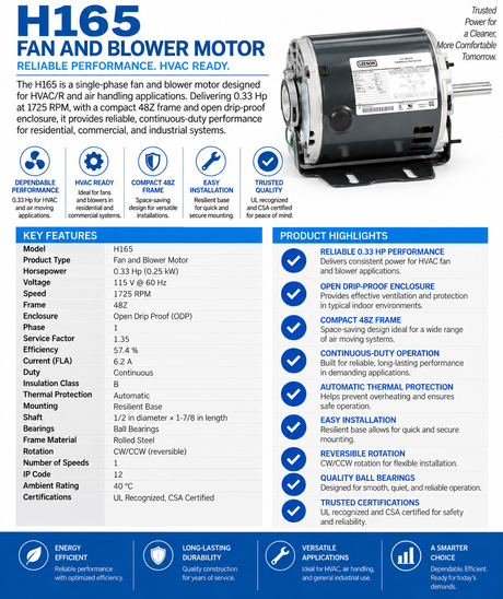 H165, 0.33Hp, 1725 RPM, 115 V, 1 Ph, 60 Hz, Open Drip Proof, Frame 48Z, 5KH32JN3128X