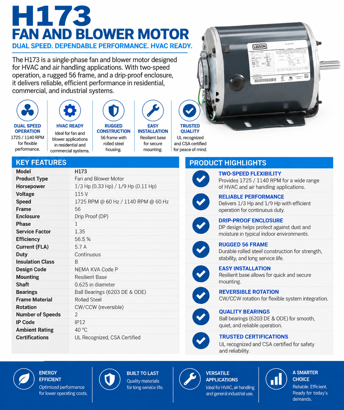 H173, 1/3Hp (0.33Hp) / 1/9 Hp (0.11 Hp), 1725/1140 RPM, 115 V, 1 Ph, 60 Hz, DP (Drip Proof), Frame 56, 5KH46MN3025