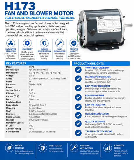 H173, 1/3Hp (0.33Hp) / 1/9 Hp (0.11 Hp), 1725/1140 RPM, 115 V, 1 Ph, 60 Hz, DP (Drip Proof), Frame 56, 5KH46MN3025
