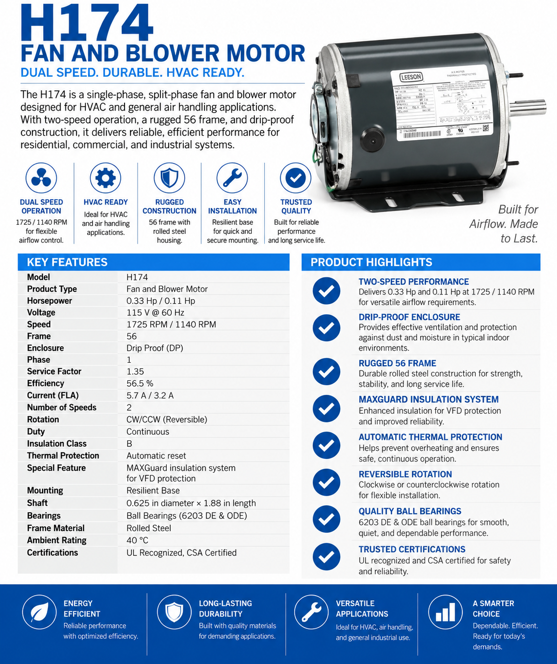 H174, 0.33/0.11Hp, 1725/1140RPM, 115V, 1Ph, 60Hz, DP (Drip Proof), Frame 56, 5KH46MN3025X