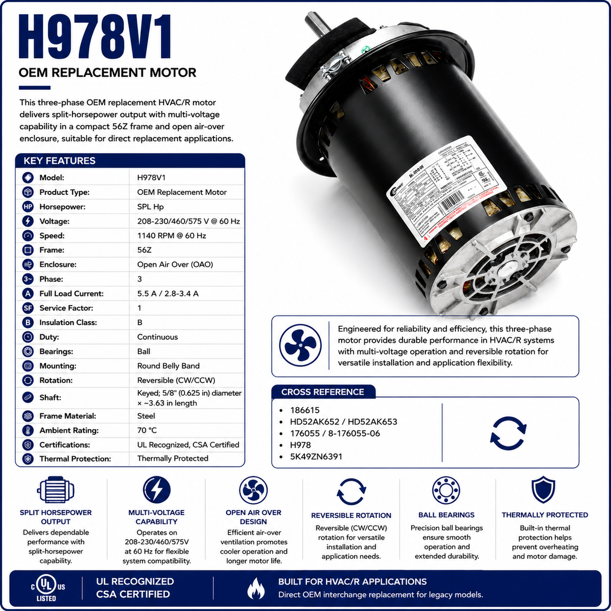H978V1, SPL Hp, 1140 RPM, 208‑230/460/575 V, 3 Ph, 60 Hz, Open Air Over (OAO), Frame 56Z