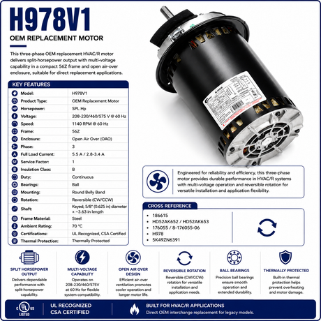 H978V1, SPL Hp, 1140 RPM, 208‑230/460/575 V, 3 Ph, 60 Hz, Open Air Over (OAO), Frame 56Z