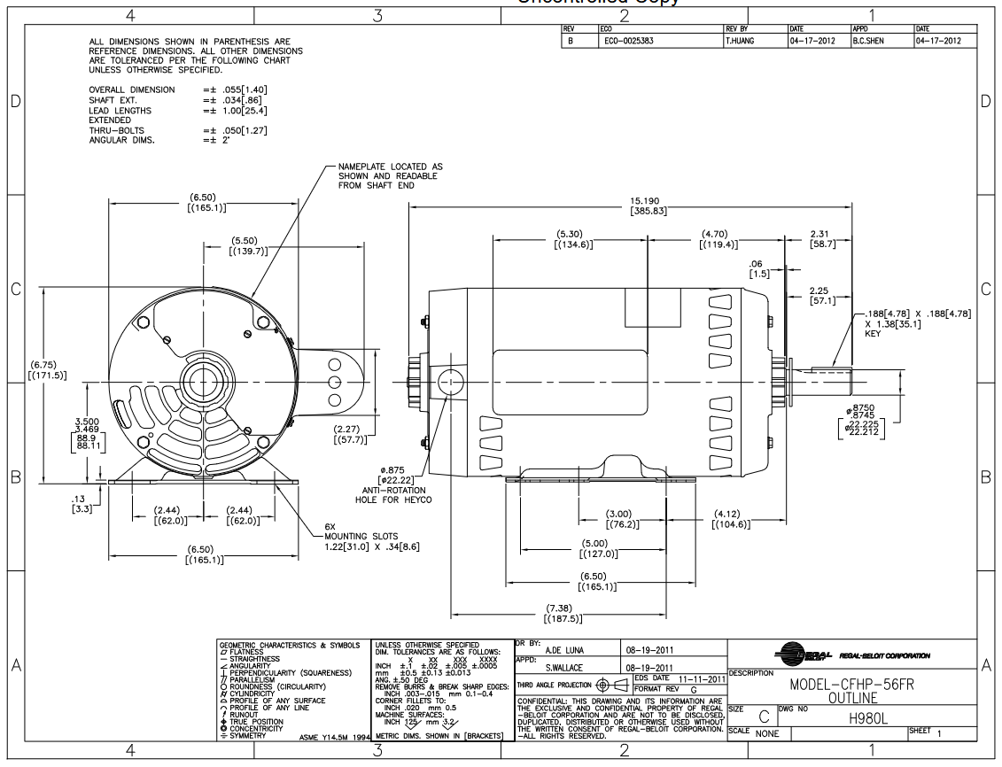 H980L, 3.0Hp (2.2 kW), 1725 RPM, 208‑230/460 V, 3 Ph, 60 Hz, Open Drip Proof, Frame 56Y