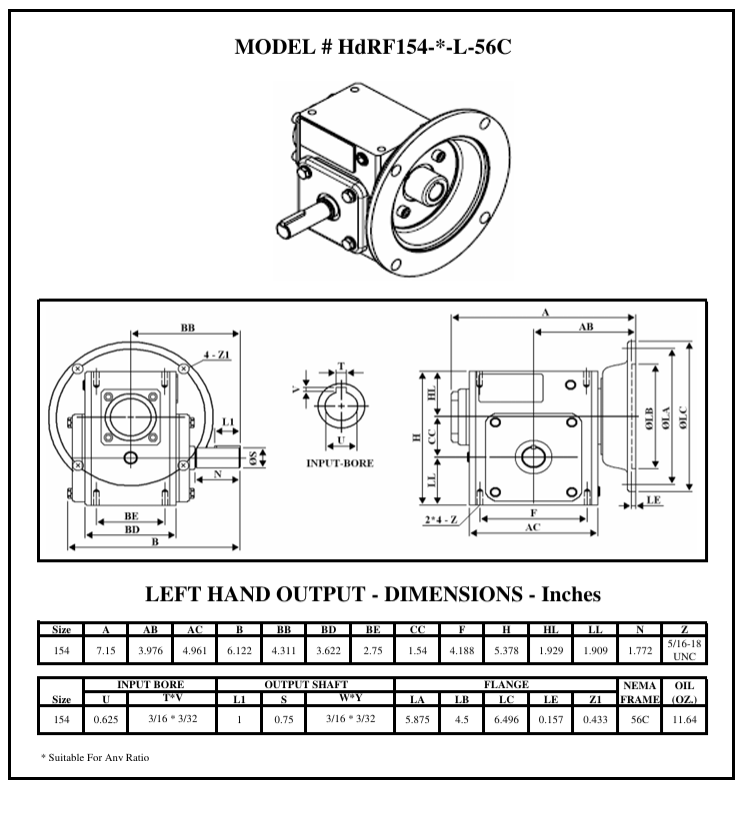 HdRF154-20/1-L-56C, MAX 0.86HP, 88RPM, Ratio 20:1, Frame 56C, Input Frame: 56C, Output Type: Left Shaft - GEARBOX REDUCER - WorldWide - electric motors - [product_tags]- motor electric - moteur électrique - moteurs - drive - replacement - venmar - hvac - méchoui - capacitor - condensateur - fan