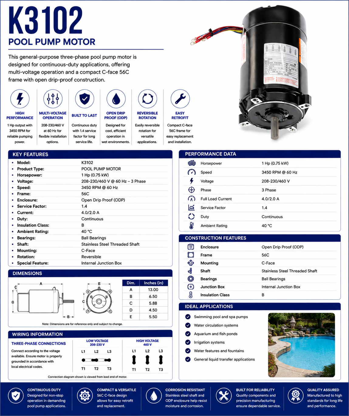 K3102, 1Hp, 3450 RPM, 208‑230/460 V, 3 Ph, 60 Hz, Open Drip Proof, Frame 56C
