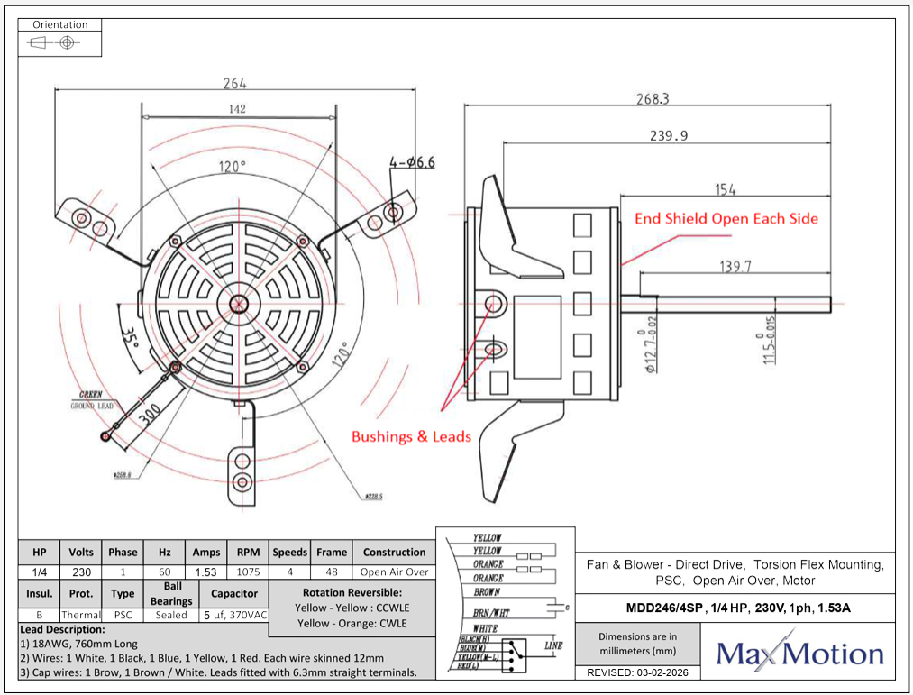 MDD246/4SP, 0.25Hp, 1075 RPM (4‑Speed), 208‑230 V, 1 Ph, 60 Hz, Open Air‑Over, Frame 48, Flex Mount, with 5 µF/370 VAC Capacitor