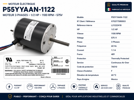 X70377580003, 1/2Hp, 1100 Rpm, 3 Ph,575V,P55YYAAN-1122,MOT19649,L21222418,Fr:48Y,