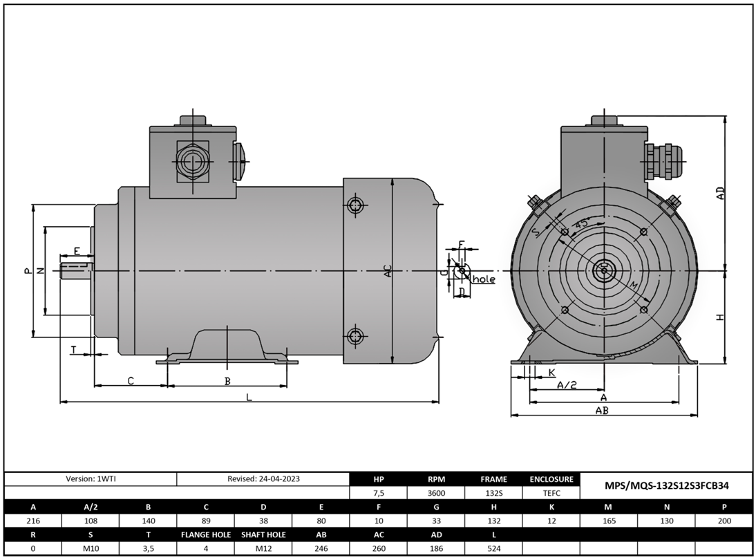 MPS-132S12FC-S3-B34, 7.5Hp, 3525RPM, 575V, 3Ph, 60Hz, TEFC, Frame 132S ...