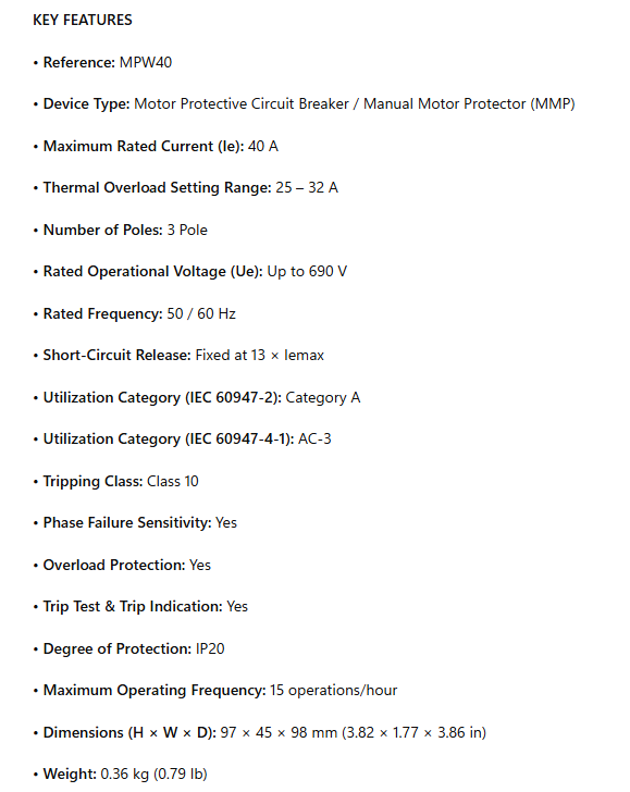 MPW40-3-U032, Manual Motor Protector, 40A, 25-32A Overload Setting Range, 3-Pole, Screw Terminal, Rotary Handle, IP20, 12428131 - ACCESSORIES MOTORS & PARTS - WEG - electric motors - [product_tags]- motor electric - moteur électrique - moteurs - drive - replacement - venmar - hvac - méchoui - capacitor - condensateur - fan