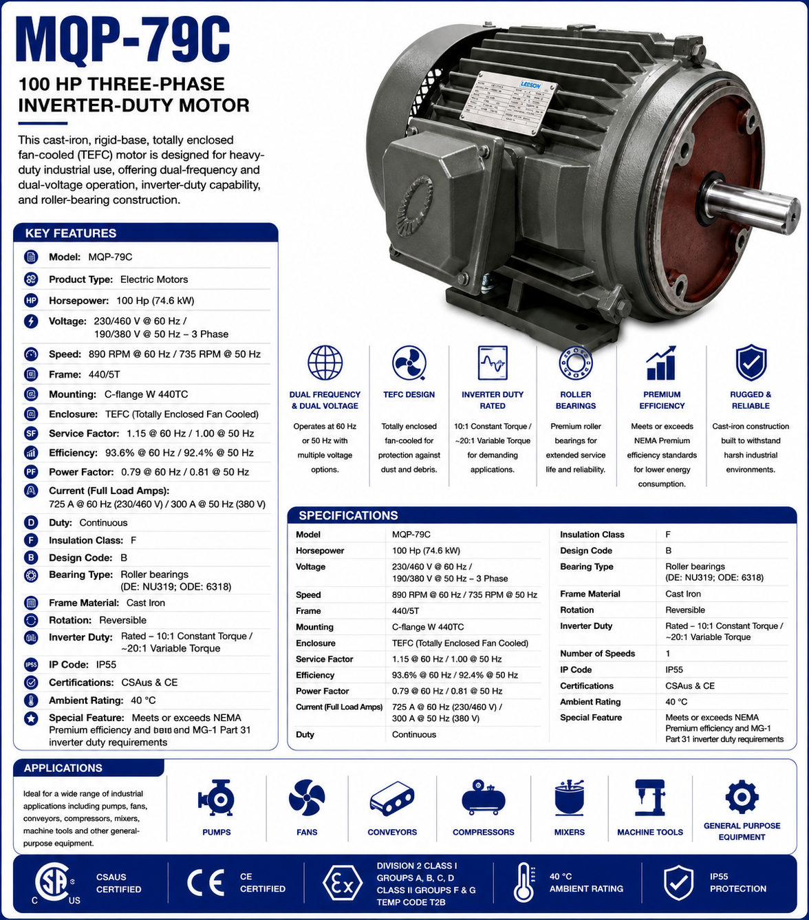 MQP‑79C, 100 Hp, 890 RPM @ 60 Hz / 735 RPM @ 50 Hz, 230/460 V @ 60 Hz / 190/380 V @ 50 Hz, TEFC, Frame 440/5T
