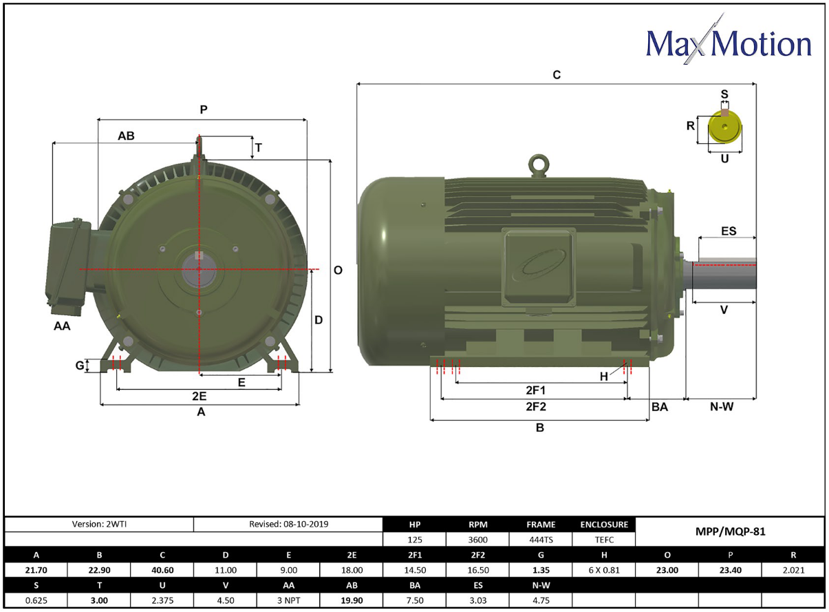 MQP‑81, 125 Hp, 3600 RPM, 460 V, 3 Ph, 60 Hz / 380‑415 V, 3 Ph, 50 Hz, TEFC, Frame 444TS