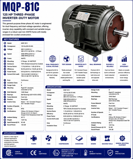 MQP‑81C, 125 Hp, 3600 RPM, 460 V, 3 Ph, 60 Hz / 380‑415 V, 3 Ph, 50 Hz, TEFC, Frame 444TS