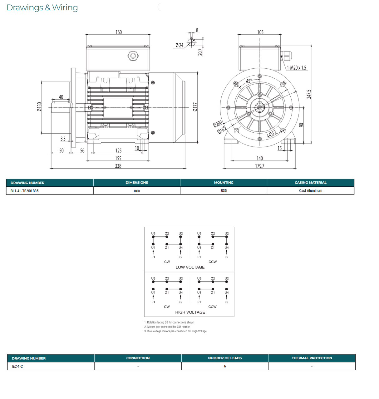 MSPH90LA4C‑B35‑01, 2 Hp, 1800 RPM, 115/208‑230 V, 1 Ph, 60 Hz, TEFC, Frame 90L
