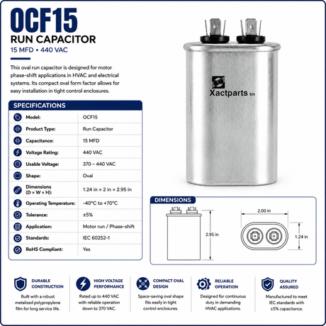 OCF15, 15 MFD, 440 V (usable at 370 V), Oval Capacitor