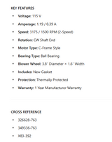 P326628-763, OEM Replacement , 115V, 3175/1500 RPM, C-FRAME, CWSE - Electrical Motors - E-Motor Nations - electric motors - [product_tags]- motor electric - moteur électrique - moteurs - drive - replacement - venmar - hvac - méchoui - capacitor - condensateur - fan