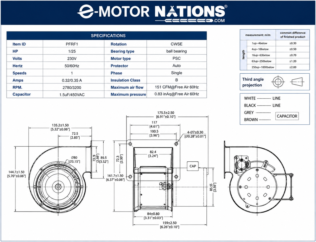 PFRF1, Centrifugal Blower, 0.04 Hp, 3200 RPM, 230 V, 1 Ph, 50/60 Hz, Open Enclosure, PSC Motor, 3FRF1