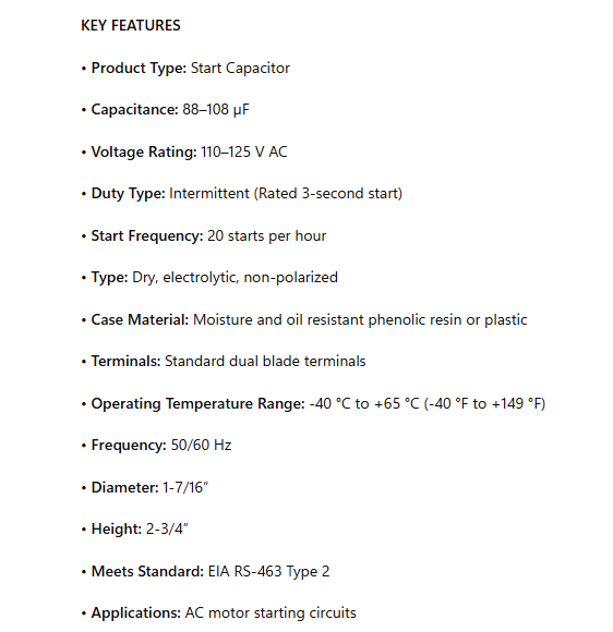 PMJ88, Start Capacitor 88-108 MFD 110-125 Volt