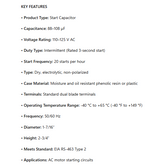 PMJ88, Start Capacitor 88-108 MFD 110-125 Volt